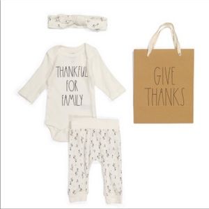 Rae Dunn NWT Infant Outfit Gift Set “Thankful For Family”, 0-3M